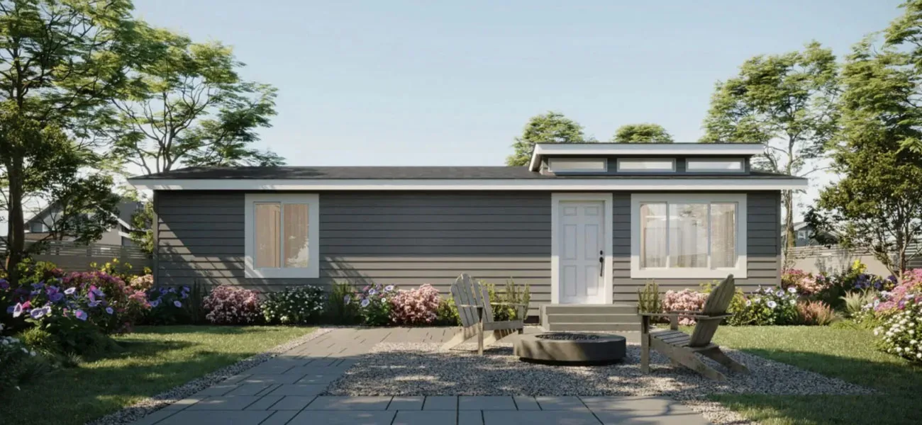 pre-fab-hero A rendering of a tiny house with a patio.