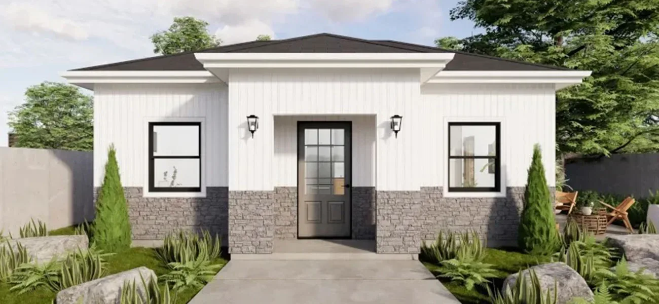 traditional-adu-front A 3d rendering of a small house.